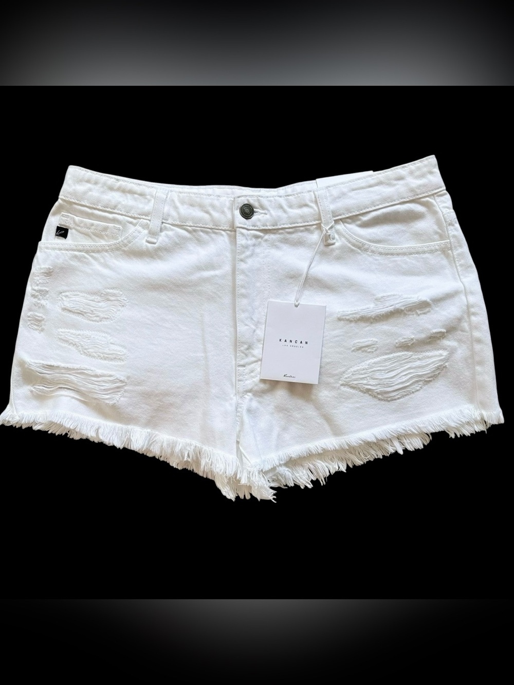 KanCan White Denim Shorts L High Rise Distressed Frayed Hem Coastal Boho Summer